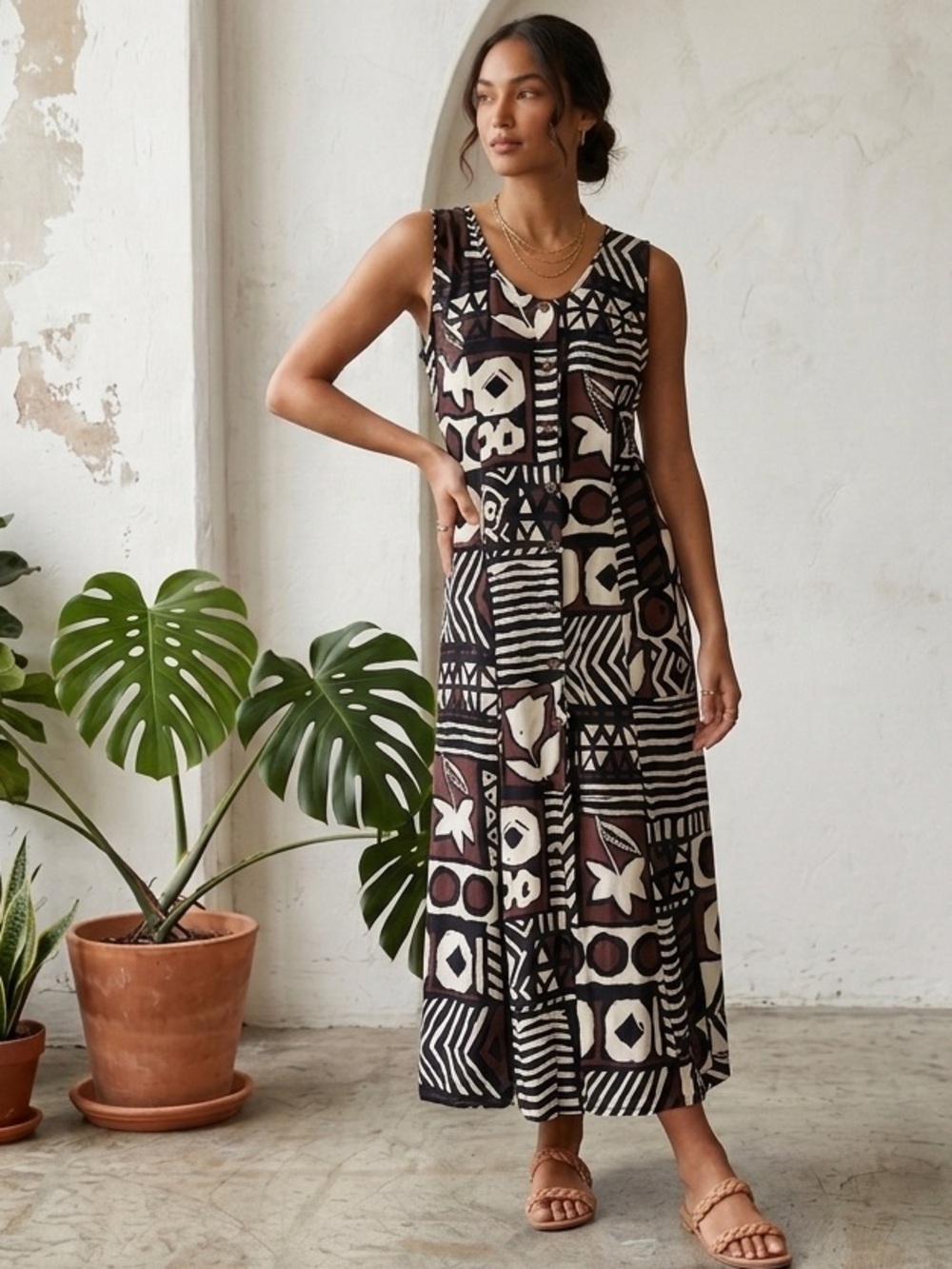 Mango Moon Vintage 90s Brown Black Cream Geometric Maxi Dress Large